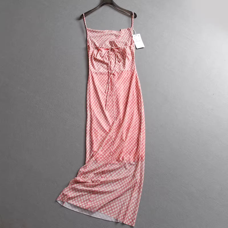Karierter, figurbetonter Rock aus Netzstoff, schulterfreier Stil, sommerliches Trägerkleid für Damen 11297