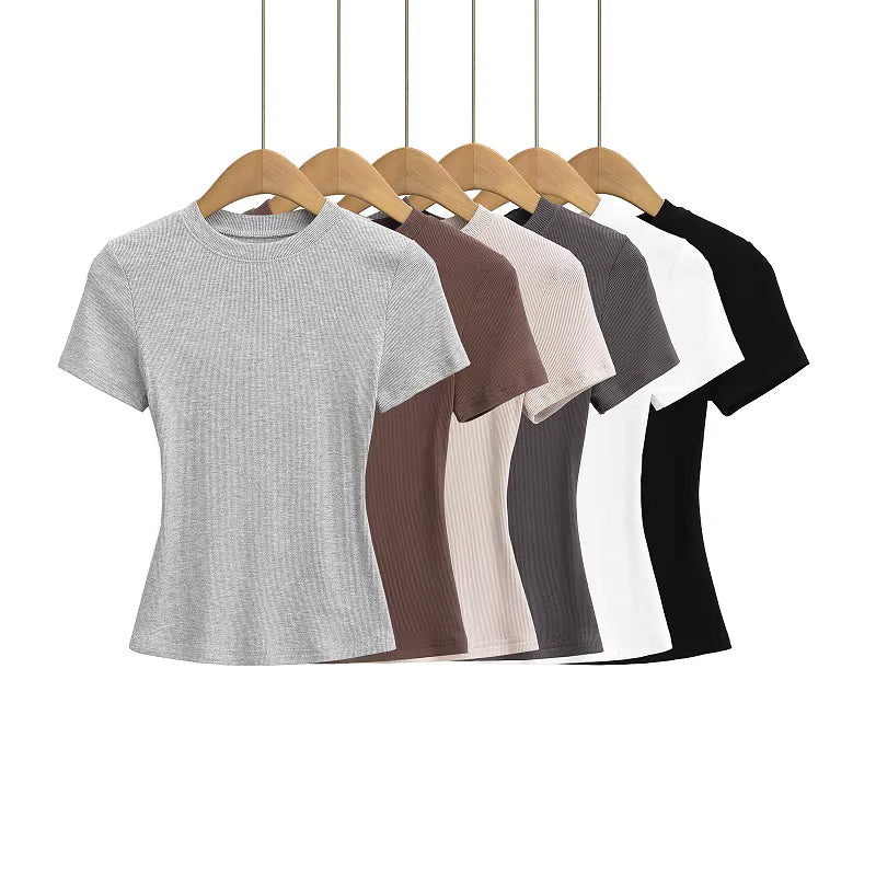 Basic-T-Shirt im europäischen und amerikanischen Stil mit Rundhalsausschnitt und kurzen Ärmeln für Damen, sommerliches, eng anliegendes, dehnbares, tailliertes Sport-Crop-Top 11427