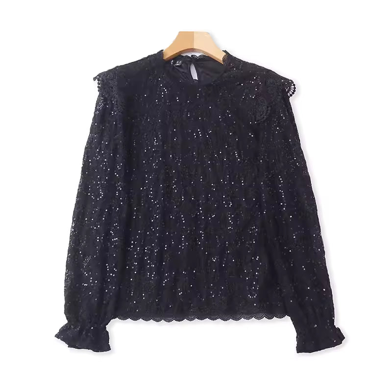 Frühlings- und herbstliches Spitzen-Pailletten-Langarmshirt Damenbekleidung Süße und funkelnde Bluse Spitzentop 11376