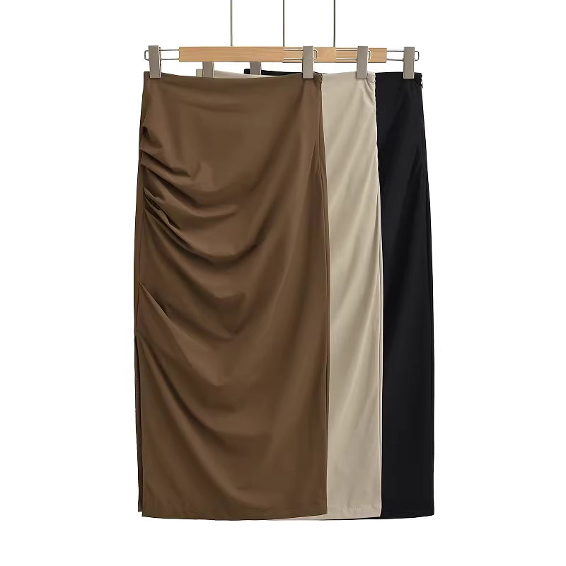 Quick-drying, sexy midi skirt for women, summer, European and American style, slit, bodycon, hot girl, pleated midi skirt 11424