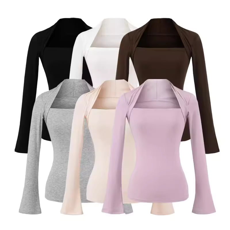 Tencel square neck vest, layered long-sleeved T-shirt, women's autumn European and American style slim fit base layer top. 11430