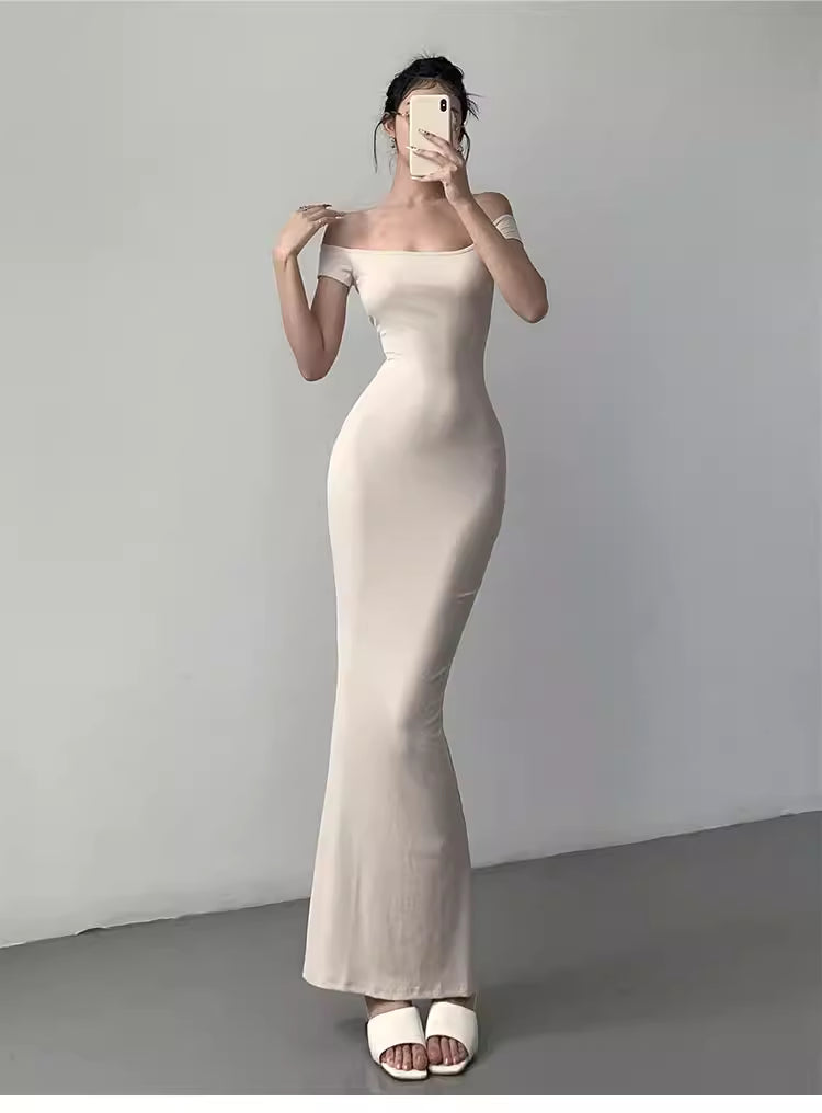 Sexy off-shoulder bodycon dress, hot girl style, new summer women's clothing, solid color, waist-cinching dress 11473