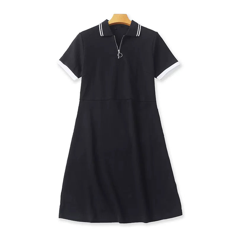 Robe d'été taille haute à manches courtes et col polo, 94 % coton, jupe trapèze élégante et flatteuse, style décontracté et jeune. 11388