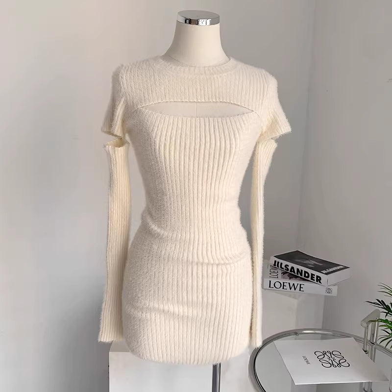 Weißes, schlichtes und verführerisches Strickkleid, perfekt für Herbst und Winter, figurbetontes Baselayer-Kleid, tailliertes Strickkleid, trendig. 11489