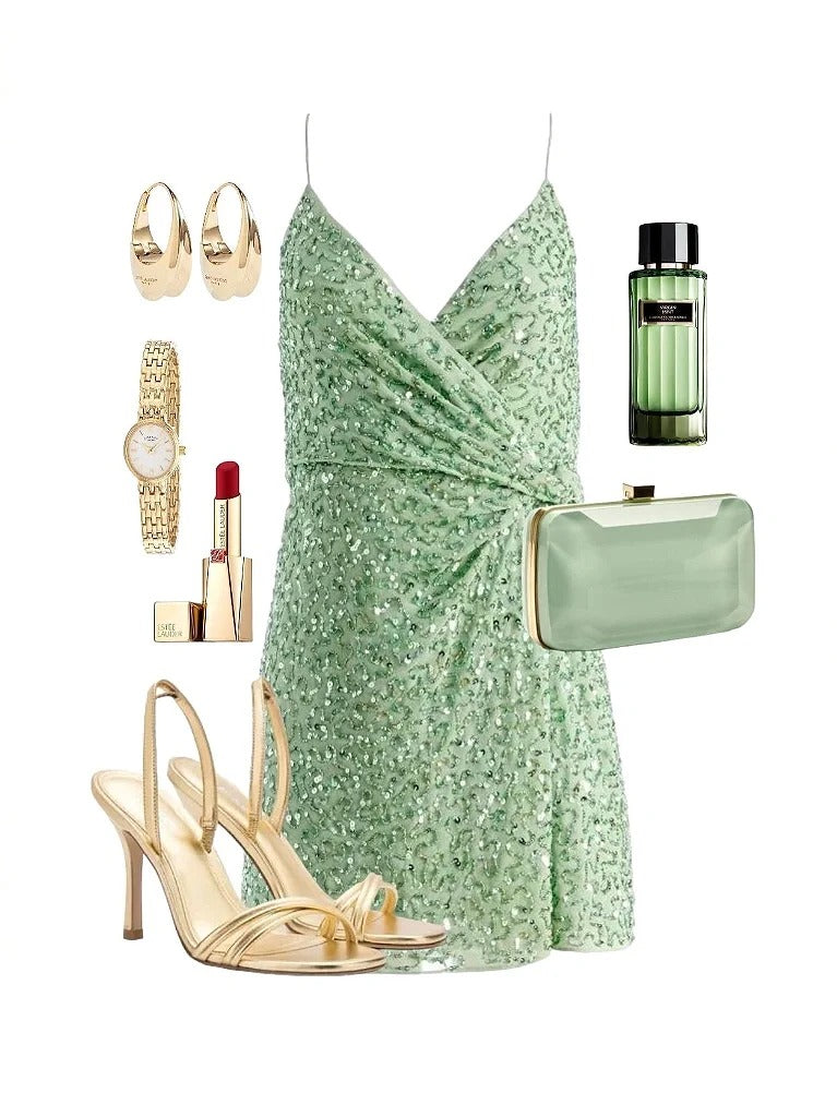 Grünes kurzes Cocktailkleid mit Pailletten und Spaghettiträgern, gh4358