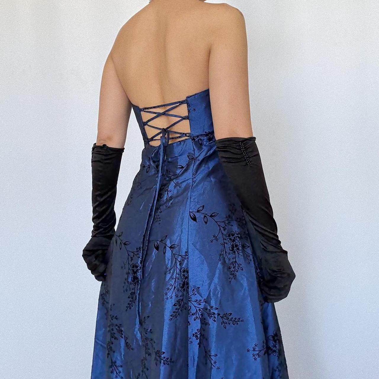 Robe de soirée longue en velours bleu marine, style vintage floral, style trompette, gh4350