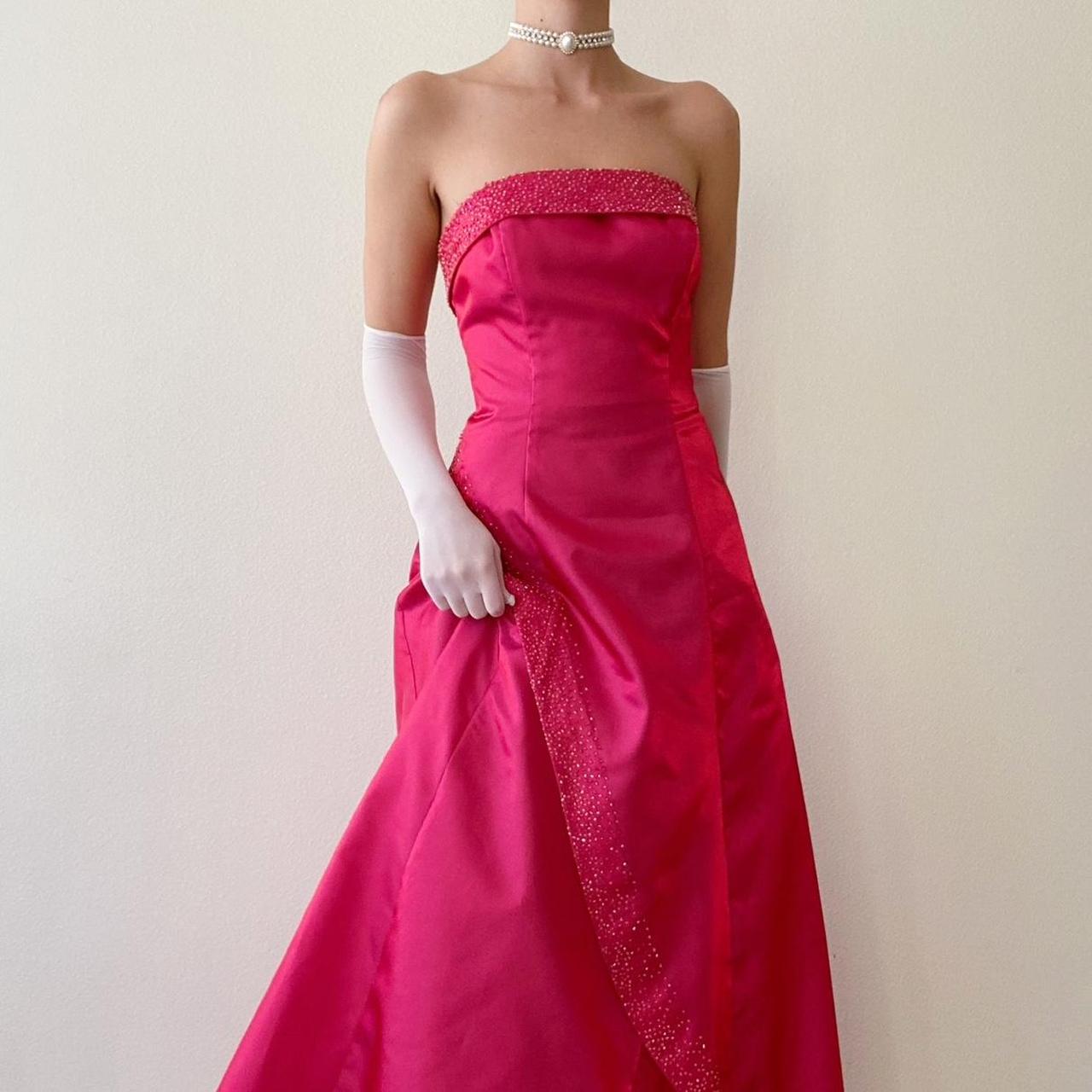 Robe de soirée longue en satin rose foncé arc-en-ciel, style vintage, avec perles, style princesse, fantaisie, style trompette, gh4349