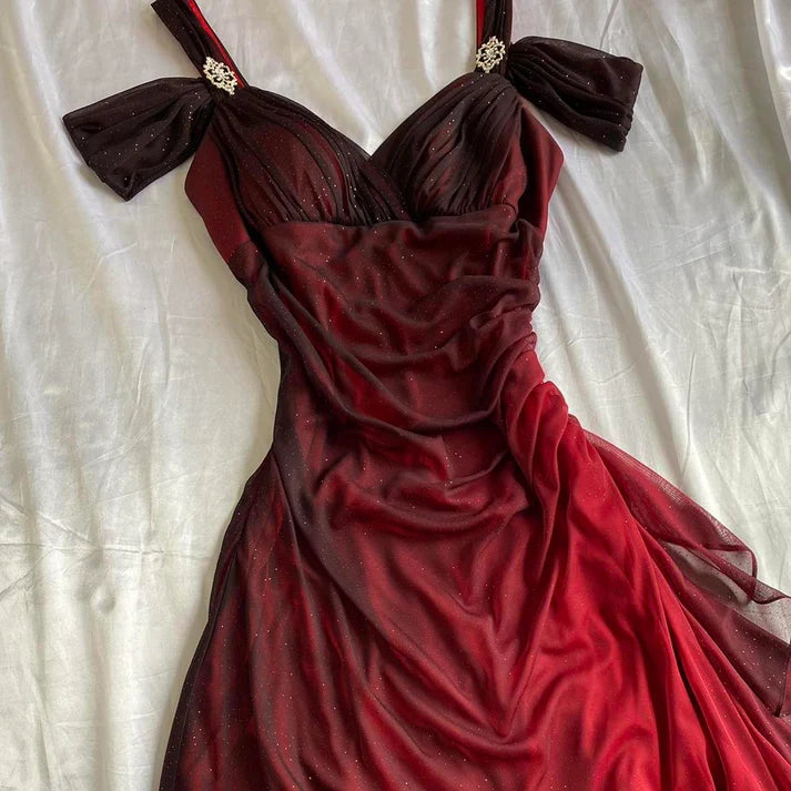 Burgunderrotes, glänzendes, elegantes, schulterfreies Rüschenkleid, modisches, elegantes, langes Ballkleid, Abendkleid, Partykleid gh3204