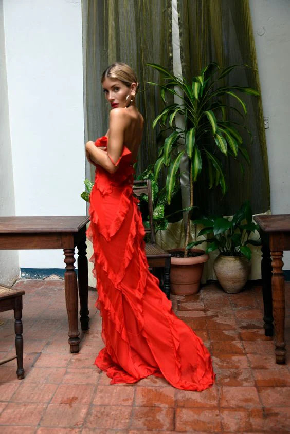 Robe de bal longue rouge avec détails à volants, robe de soirée dos nu gh2922