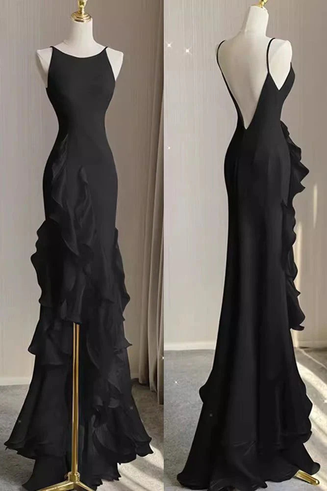 Robe de bal élégante à bretelles spaghetti, dos nu, longue, en mousseline de soie, style sirène, à volants, noire, rouge vin, blanche, gh3460