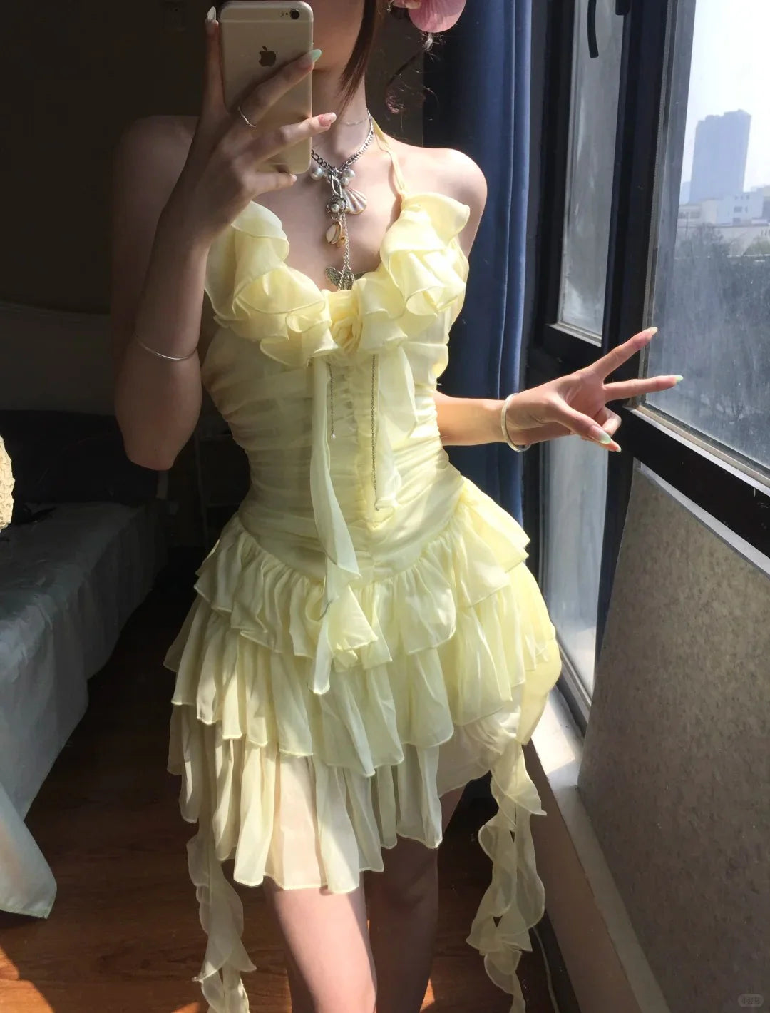 Robe de soirée courte en tulle à volants jaunes, robe d'anniversaire gh4912