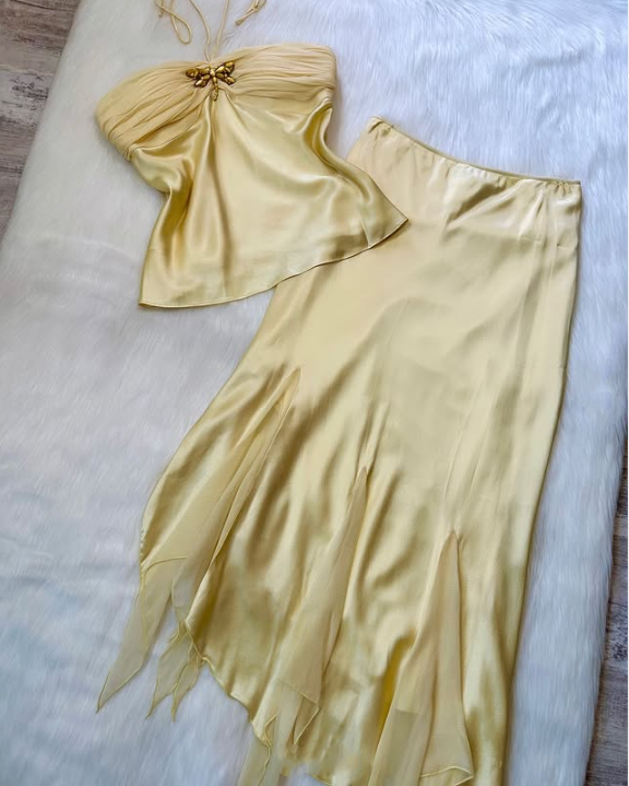 Gelbes, modisches, elegantes, erfrischendes, exquisites, mit Edelsteinen verziertes, langes, zweiteiliges Satin-Ballkleid, Abendkleid, Strandurlaub, Geburtstagspartykleid, Ballkleid gh3758