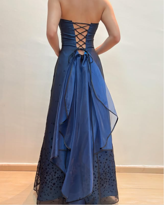 Robe de soirée élégante en mousseline de soie et satin, robe de bal, robe de soirée, robe de fête d'anniversaire, robe de bal, robe bleue à paillettes brillantes, bretelles spaghetti, perles, exquise, gh3761