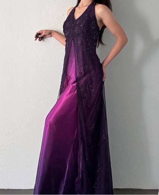 Robe de soirée longue en satin et tulle violet brillant, élégante et tendance, dégradé de couleurs, perles exquises, robe de bal, gh3875
