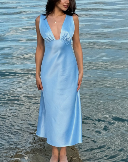 Robe de soirée longue en satin bleu simple et élégante à col en V gh3165