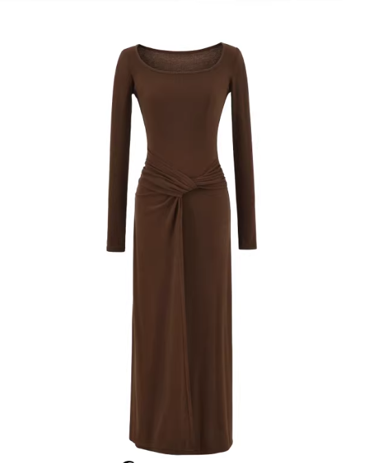 Elegantes, neu gestaltetes, geknotetes Strickkleid im europäischen und amerikanischen Stil, lange Ärmel, tailliert, hüftbetont, figurformendes Maxikleid 11353