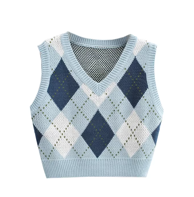 Karierte Strickweste im Retro-Preppy-Stil mit Farbblockmuster, vielseitig kombinierbar, ärmellose Weste mit V-Ausschnitt für Damen 11354
