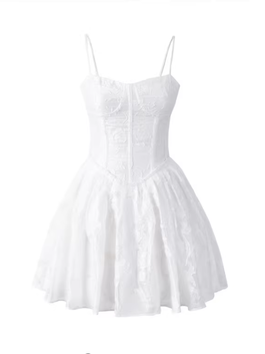 Europäisch-amerikanischer Stil, figurformendes Kleid mit Fischgrätmuster, taillierter Trägerkleid, sexy Urlaubsstil, dunkles Muster, weißes Kleid 11360