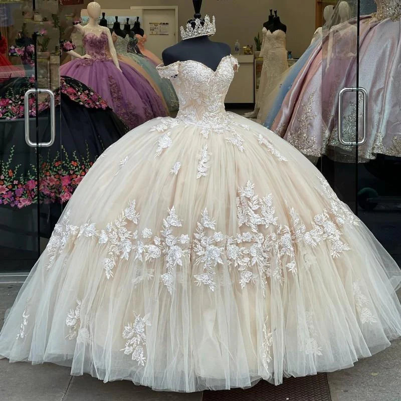 Champagner wunderschöne exquisite Spitzenapplikationen schulterfrei langes Quinceanera-Kleid 15 Jahre alt Ballkleid Debütantinnenkleid Ballkleid gh981