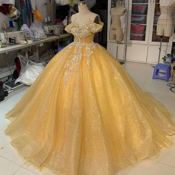 Robe de princesse Belle longue de 16 ans avec appliques jaunes brillantes, robe de bal, robe de soirée, robe de mariée gh926