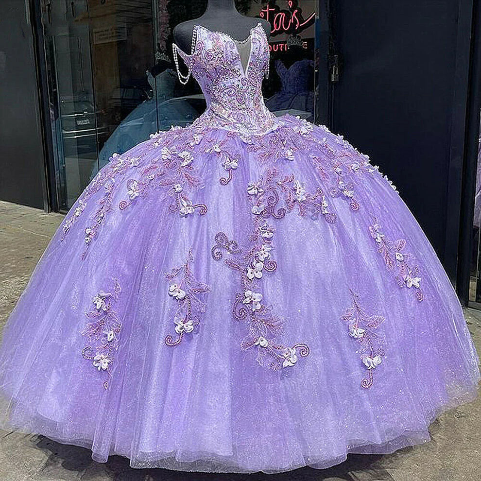 Lavendel lila langes Quinceanera-Kleid, Ballkleid, Abendkleid, schulterfrei, mit Perlen verziert, süßes Kleid für 16-Jährige, gh933