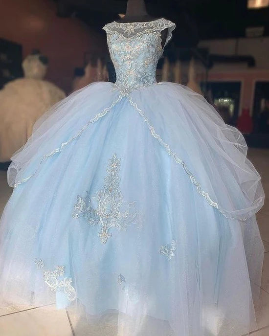 Robe de soirée longue en tulle bleu et dentelle gh979