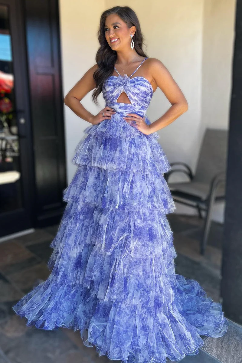 Blaues, bedrucktes Neckholder-Schlüsselloch-Rüschen-Ballkleid, lang, gestuft, gh2707
