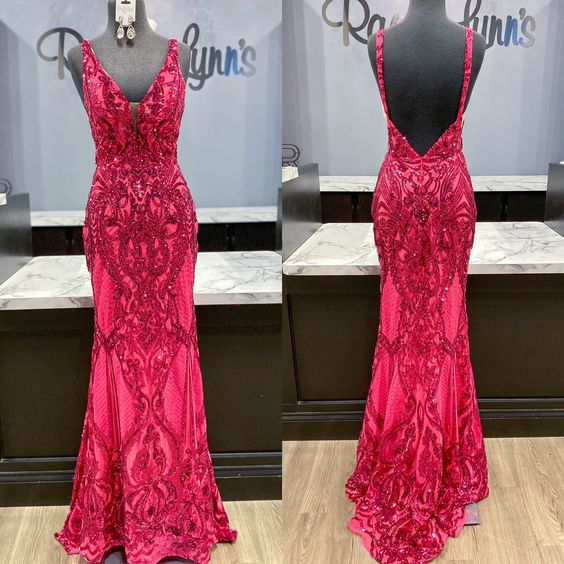 Robe de soirée longue rose brillante à dos nu et col en V gh2716