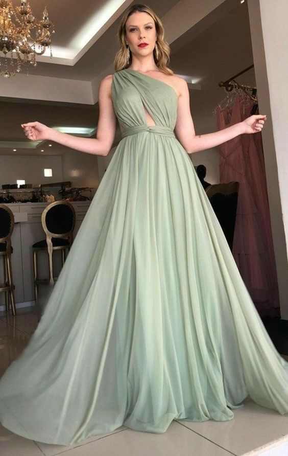 One-Shoulder Tüll Brautjungfernkleid Grünes Abendkleid mit Schlitz gh2754
