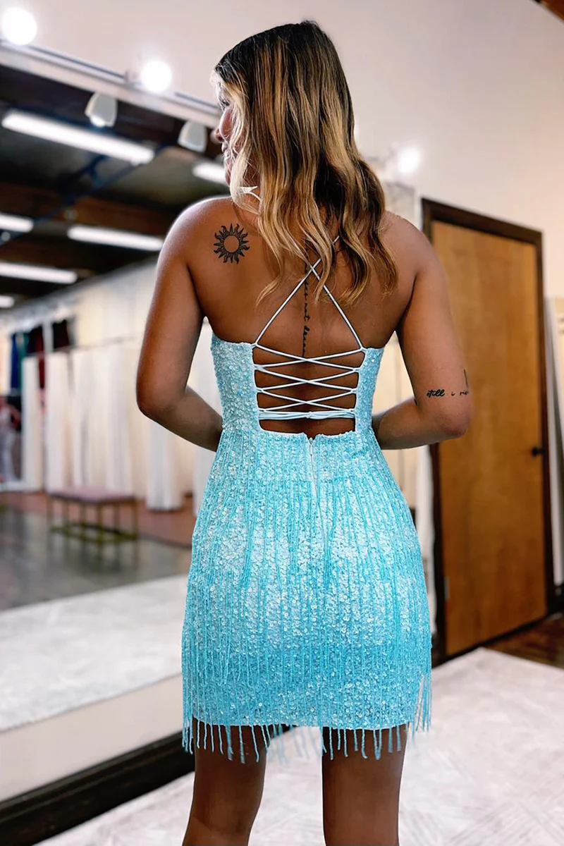 Kurzes Homecoming-Kleid mit Spaghettiträgern in Himmelblau und Quaste gh2668