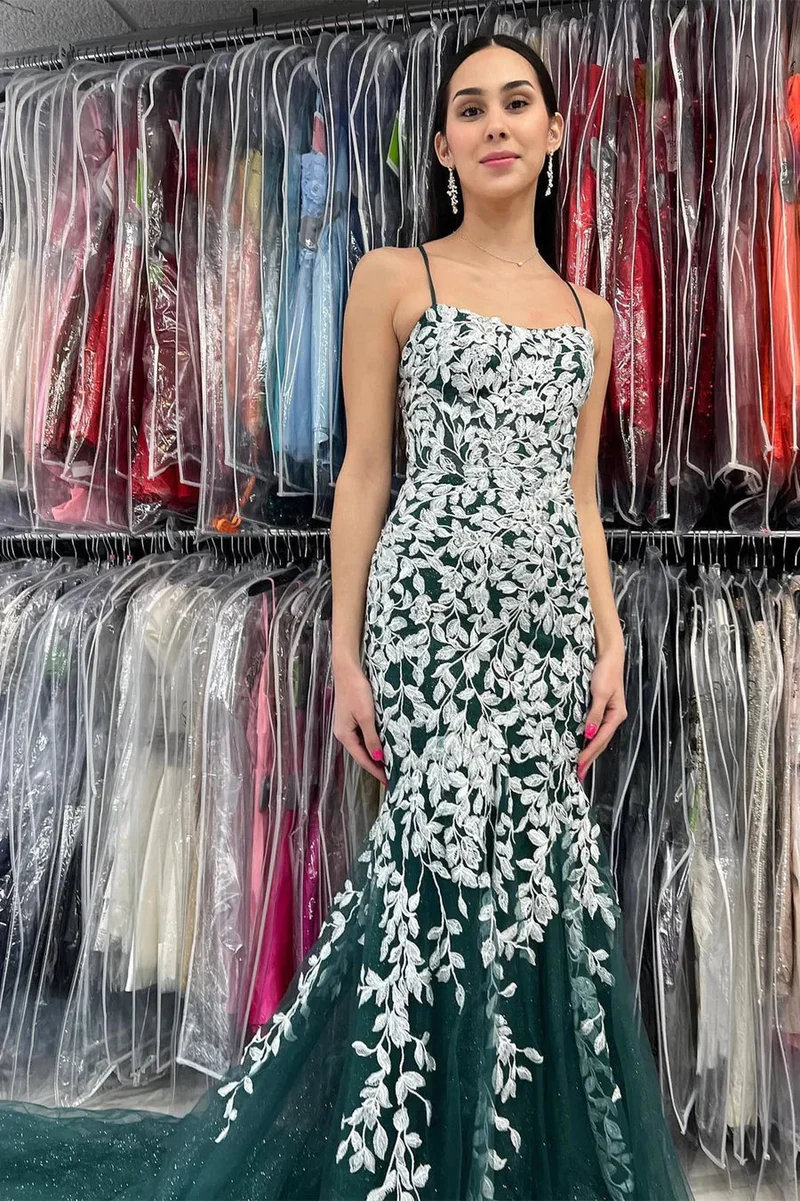Robe de bal sirène à bretelles spaghetti en tulle et dentelle gh2690
