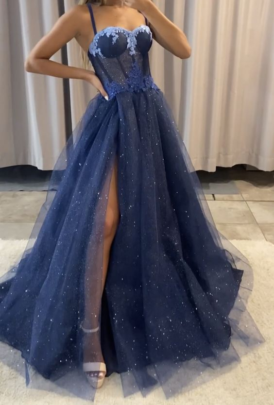 A-Linie dunkelblaues Ballkleid mit Schlitz glänzendes Abendkleid gh2744