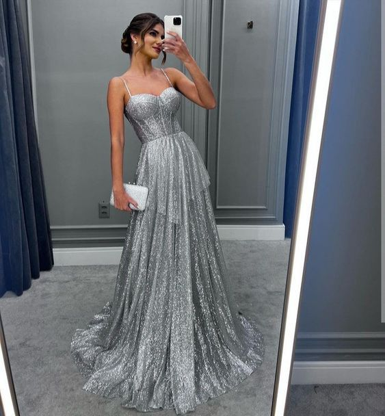 Sexy Spaghetti Strap Shiny A-line Prom Dress Silvery Glitter Sweetheart Party Dresses gh2741
