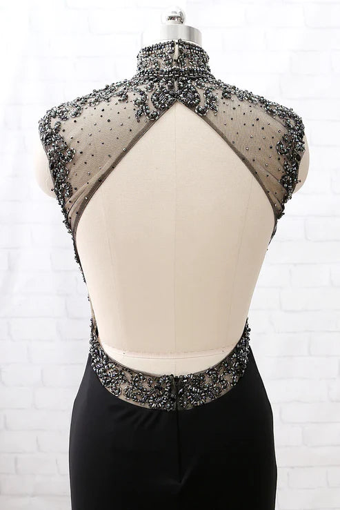 Robe de soirée sirène en tulle noir à col roulé et perles, robe de bal avec fentes (gh4897)