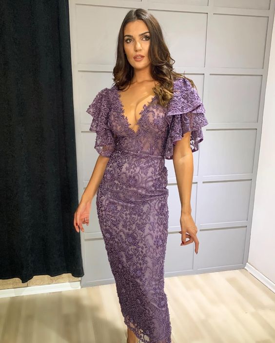 Robe de soirée fourreau en dentelle violette à col en V gh2780