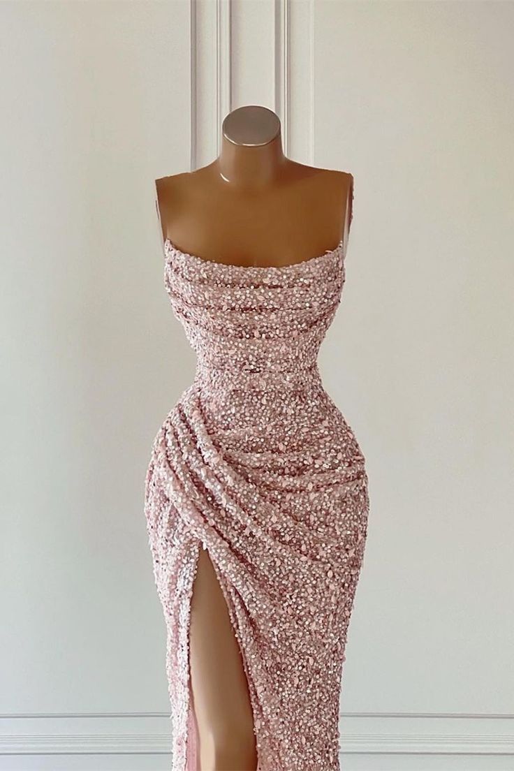 Wunderschönes rosa ärmelloses Ballkleid mit Pailletten und Schlitz gh2723