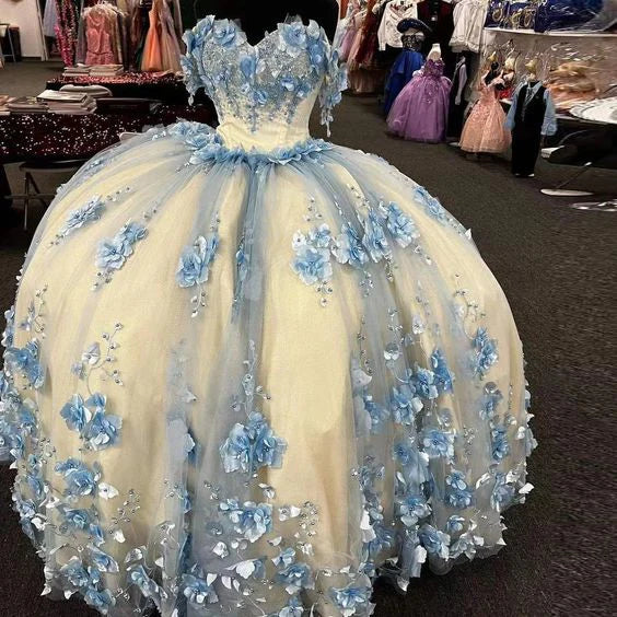 Blaues langes Ballkleid Quinceanera Kleid Applikation Blumen Party Prinzessin süßes 16 Jahre altes Kleid Abendkleid gh2984