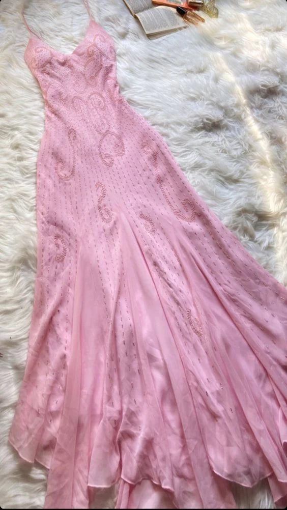 Rosa Spaghettiträger Perlen A-Linie lang elegantes Ballkleid Abendkleid Partykleid gh2927