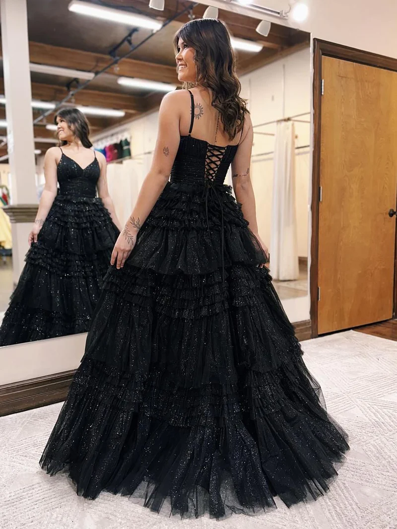 Robe de bal trapèze en tulle pailleté à décolleté en V profond et à plusieurs niveaux gh2679