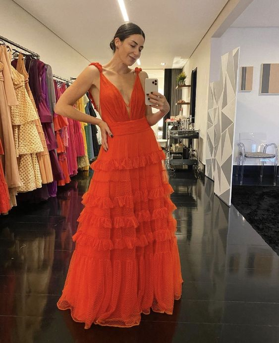 Robe de bal trapèze orange à col en V profond gh2835