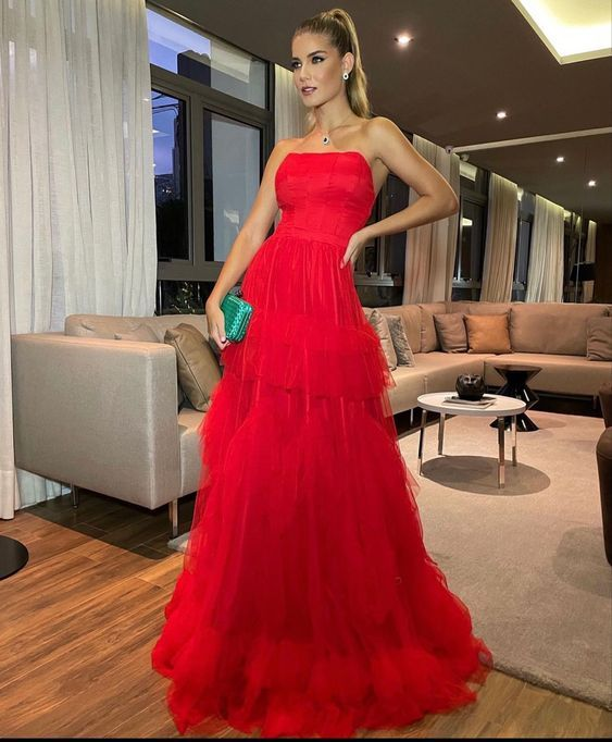 Strapless Red Tulle Long Evening Dress Sleeveless Formal Prom Dress gh2829