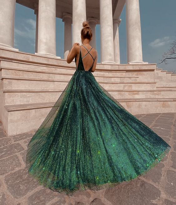 Spaghettiträger Grün Glänzend Ballkleid A Linie Abendkleid gh2760