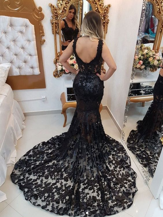Robe de bal sirène noire longue à bretelles et col en V en dentelle gh2985