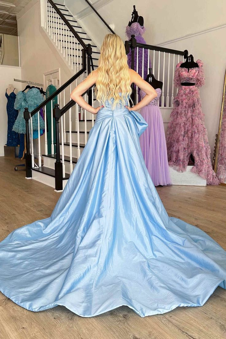 A-Linie, trägerlos, langes Satin-Ballkleid mit Schleife, gh2776