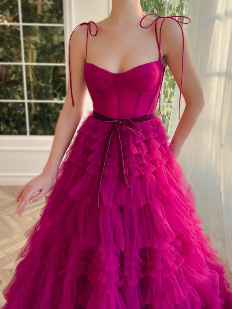 Robe de bal longue en tulle fuchsia sans bretelles gh2678