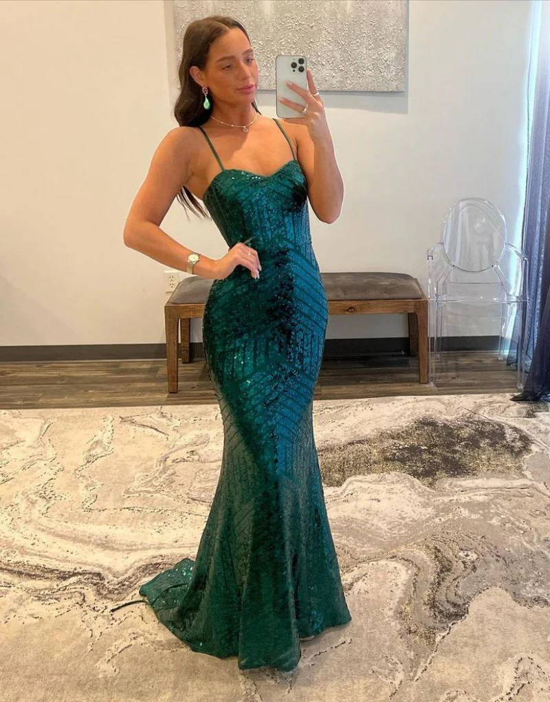 Meerjungfrau-Ballkleid mit Spaghettiträgern und Pailletten gh2699