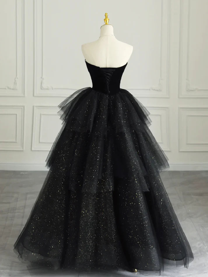 Schwarzes elegantes schulterfreies Tüllkleid aus Samt mit herzförmigem Ausschnitt und Tube-Top, langes Abendkleid, Ballkleid, gh3035