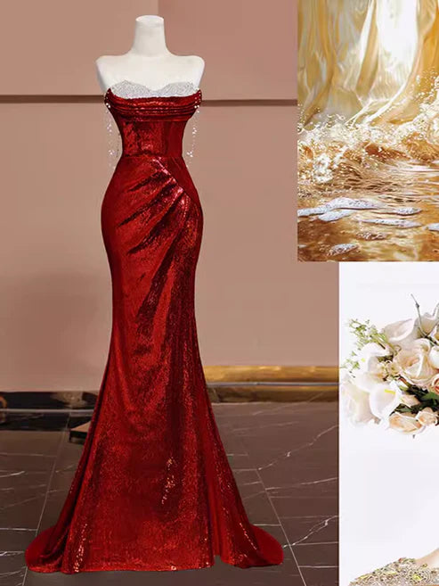 Robe de soirée sirène bordeaux magnifique, brillante et sexy, à paillettes, longue et élégante, longueur au sol, gh3572