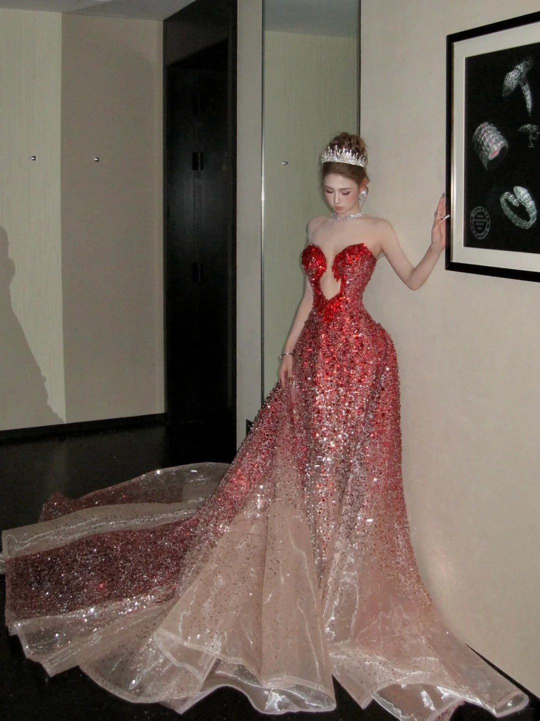 girlhomeshops - Robe Divine Rouge, Robe sirène rouge scintillante à taille et hanches gh6210