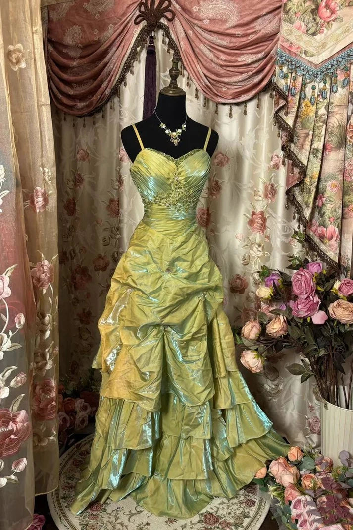 Grünes wunderschönes Retro-exquisites, perlenbesetztes, elegantes langes Satin-Ballkleid, Abendkleid, Abschlusskleid, Geburtstagskleid, gh3186